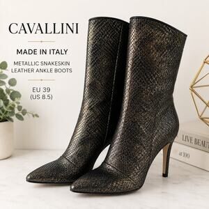 Cavallini Metallic Snakeskin Leather Ankle Boots Made in Italy EU 39 Pointed Toe